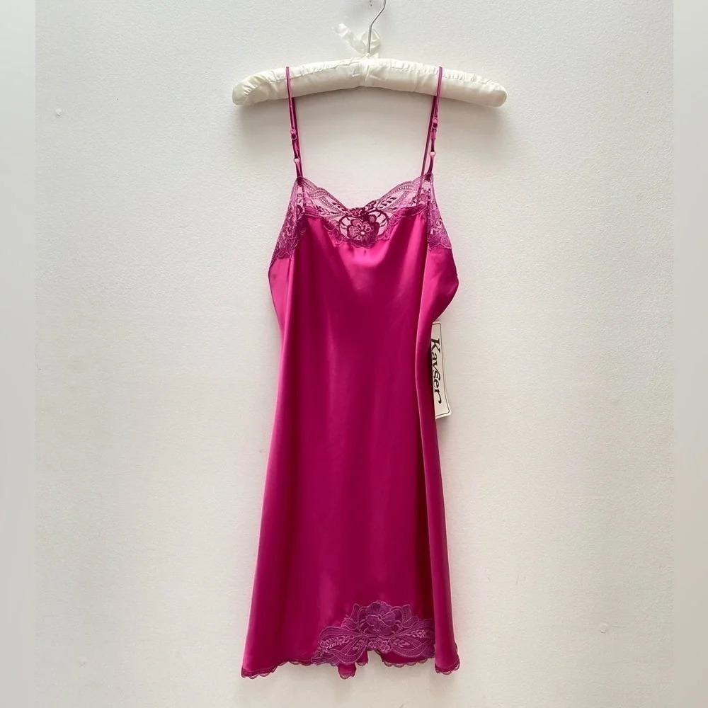 Vintage - NWT Purple Pink Lace Trimmed Slip Dress